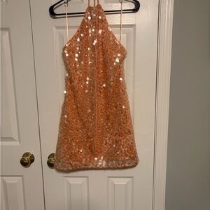 Elegant Coral Sequin Halter Dress